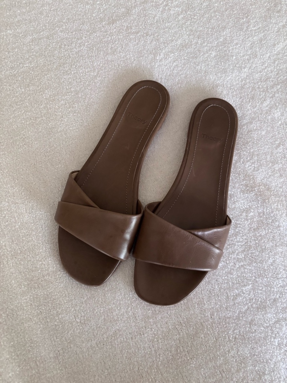 Theory Khaki Green Phacel Calf Fold Slide Sandals